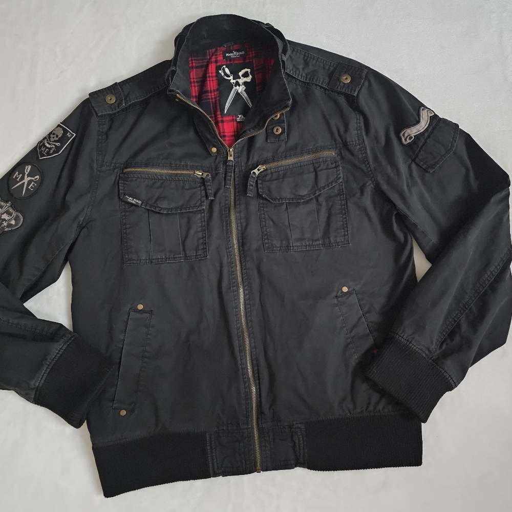 Marc Ecko Cut & Sew Rare Black Red Plaid Lined Military Style Bomber Jacket - Picture 14 of 14